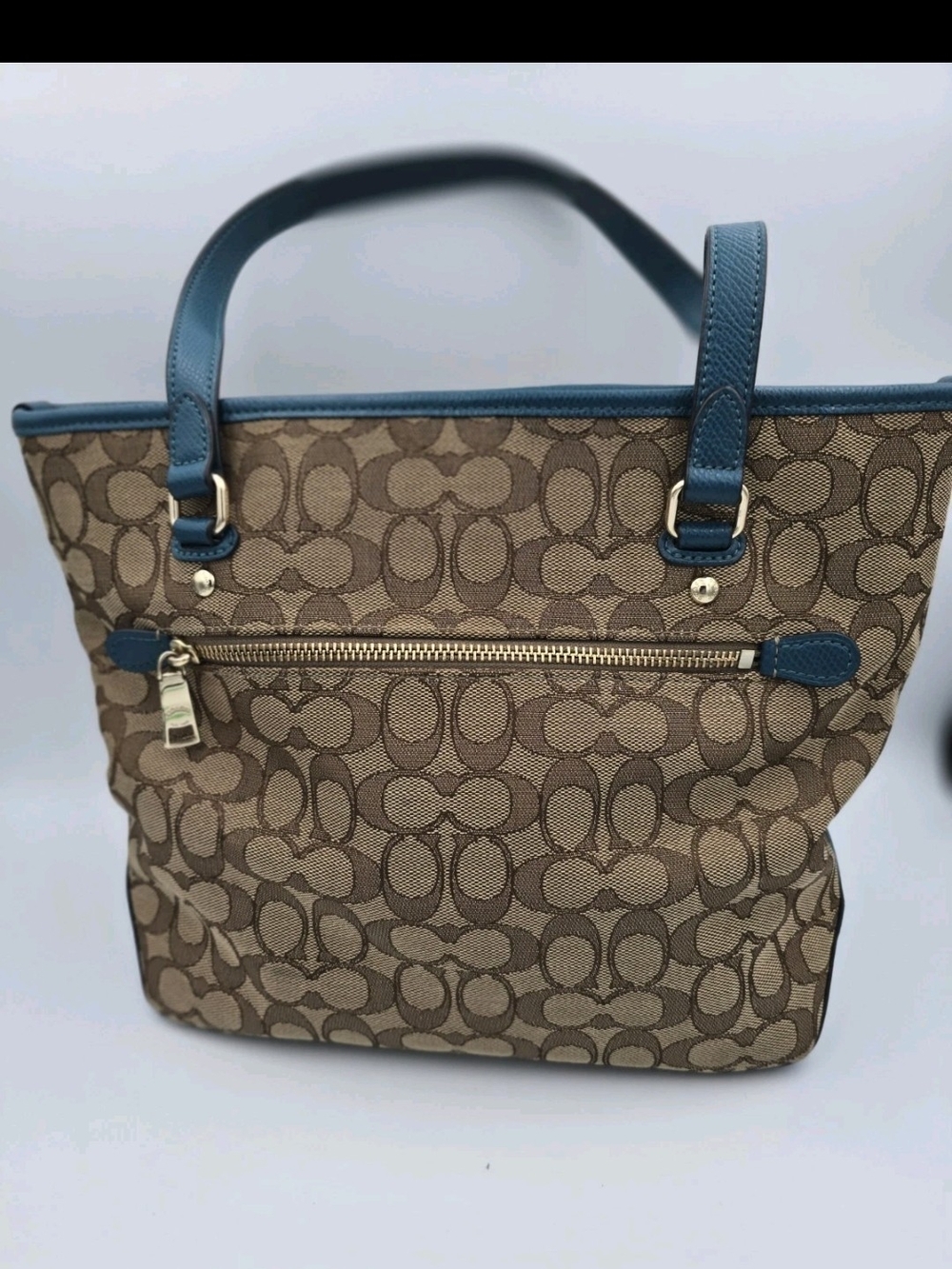 Coach Brown Signature Tote with Blue Trim - Picture 3 of 11